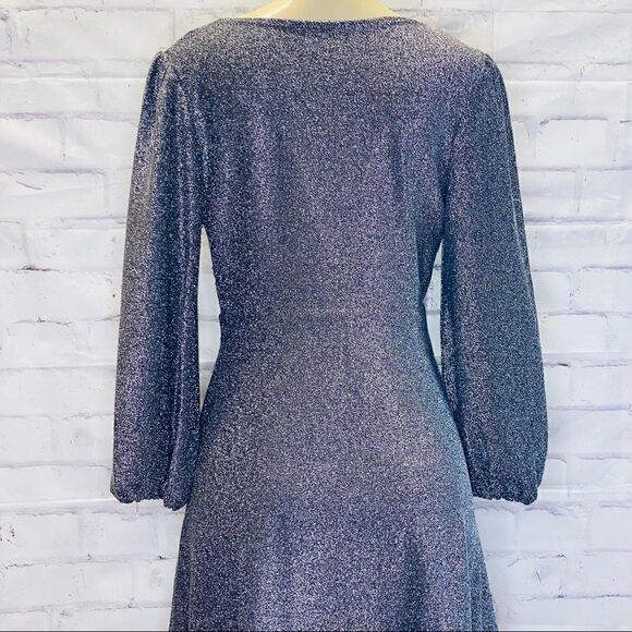 Bardot Marlena Silver Metallic Shimmer Long Balloon Sleeve Short Dress size 6 - Picture 8 of 12
